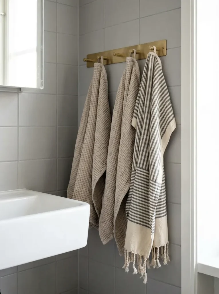 Towels hanging on wall rack
