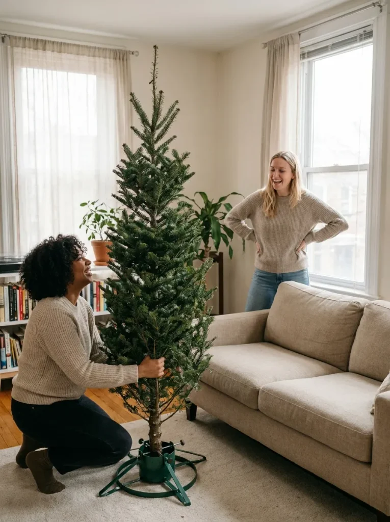 Two people positioning Christmas…