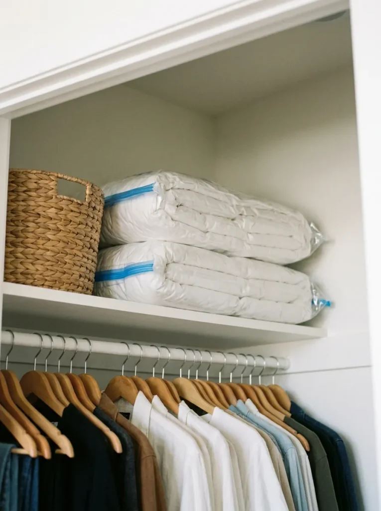Vacuum bags stacked on shelf