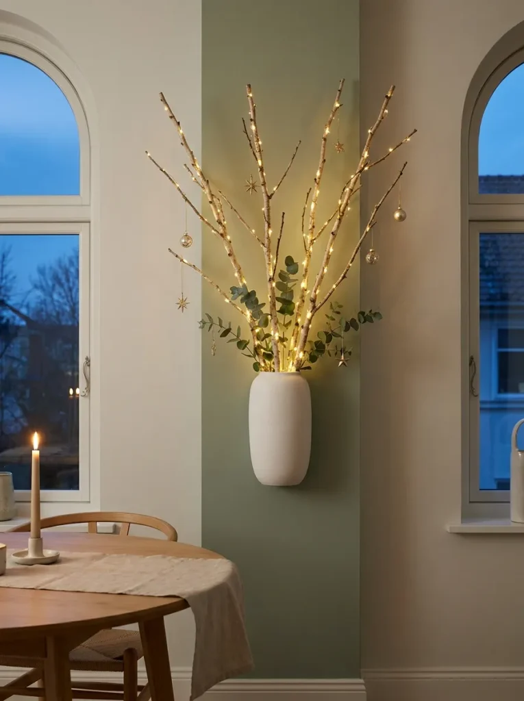 Vase with birch branches hanging