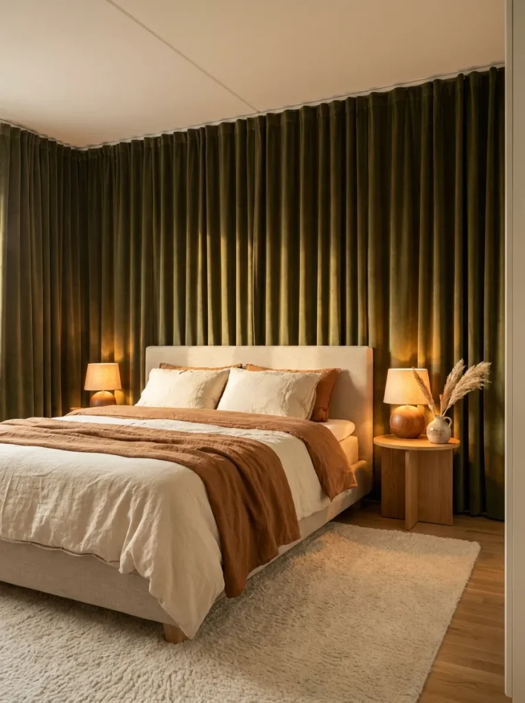 Velvet curtains in apartment bedroom
