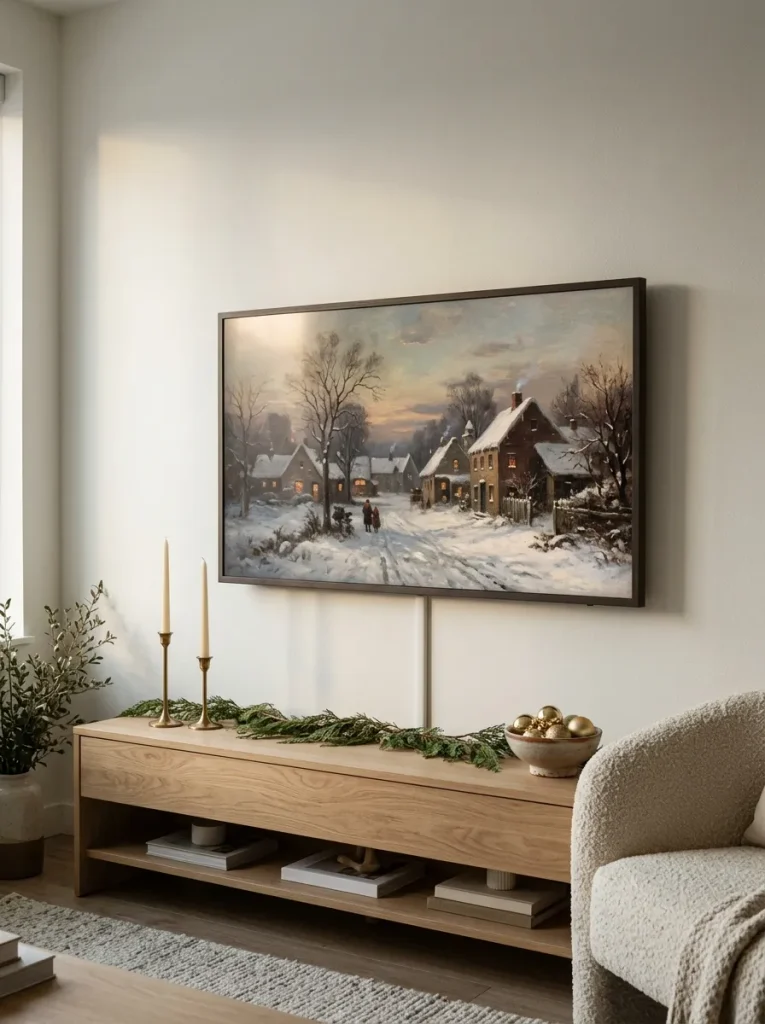 photo of a slim wall-mounted TV displaying a classic oil painting of a snowy winter village at dusk, looking like framed artwork