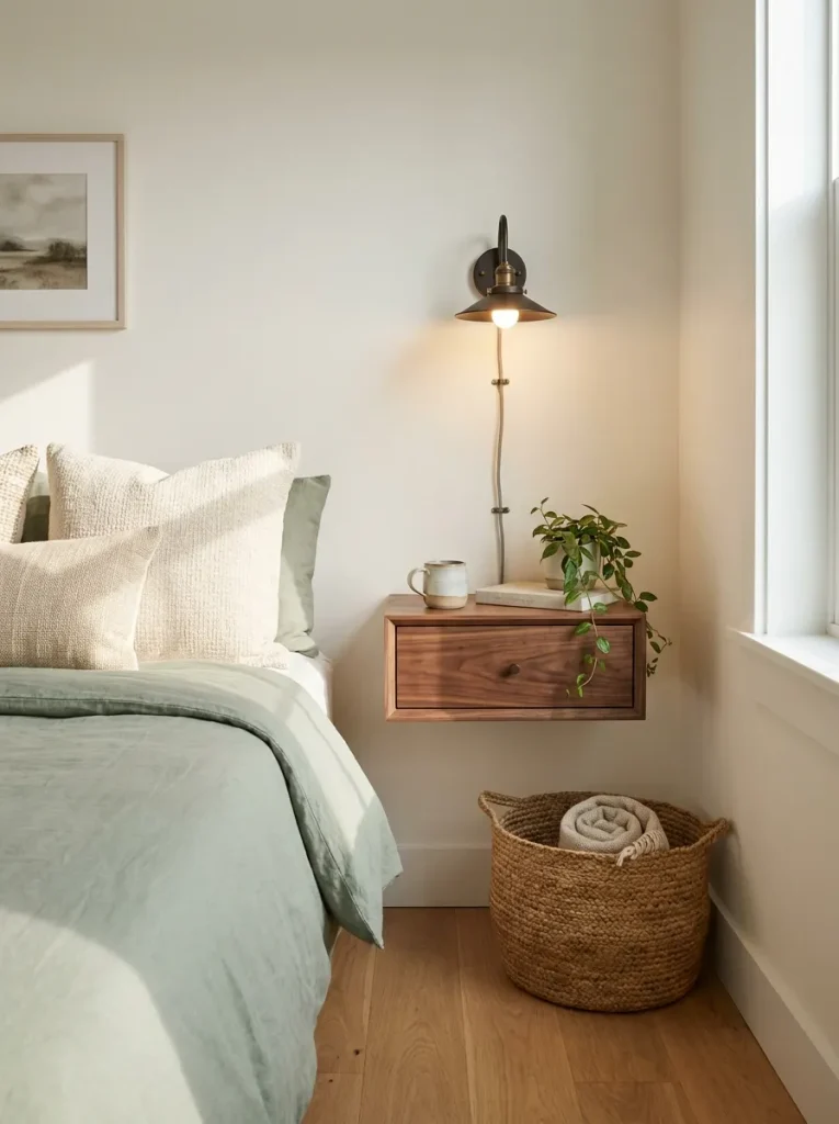Walnut nightstand beside bed