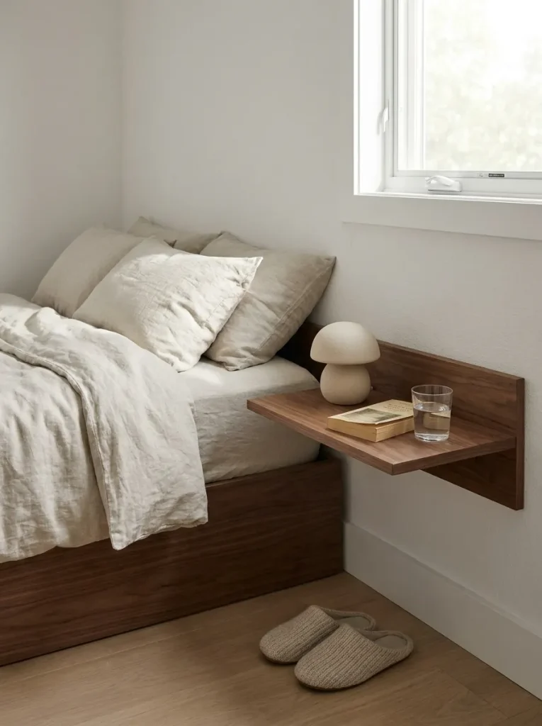Walnut shelf beside bed