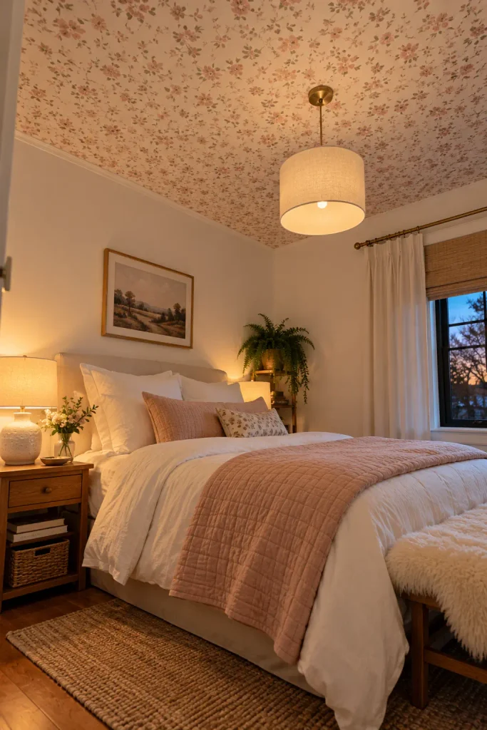Warm Cottage Bedroom with Floral Ceiling
