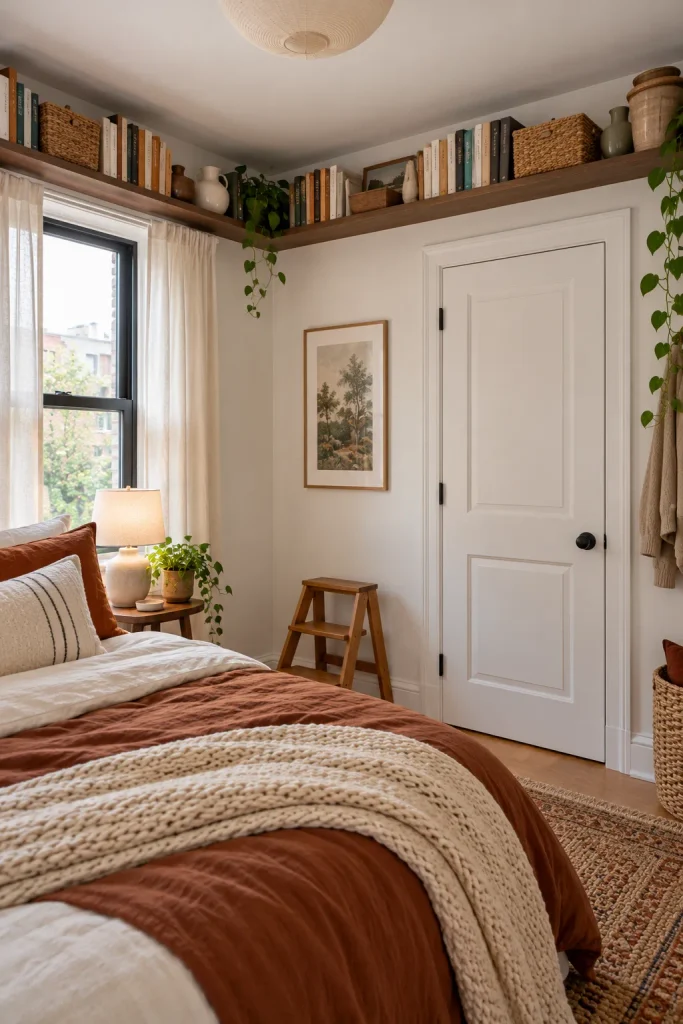 Warm Hygge Bedroom with Bookshelves and Plants
