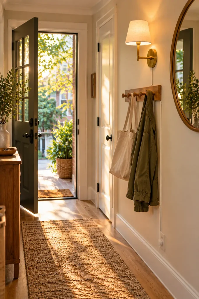 Warm Sunlit Entryway with Woven Textures