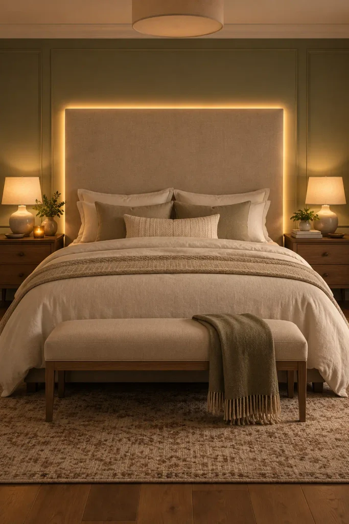 Warmly Lit Symmetrical Bedroom Retreat
