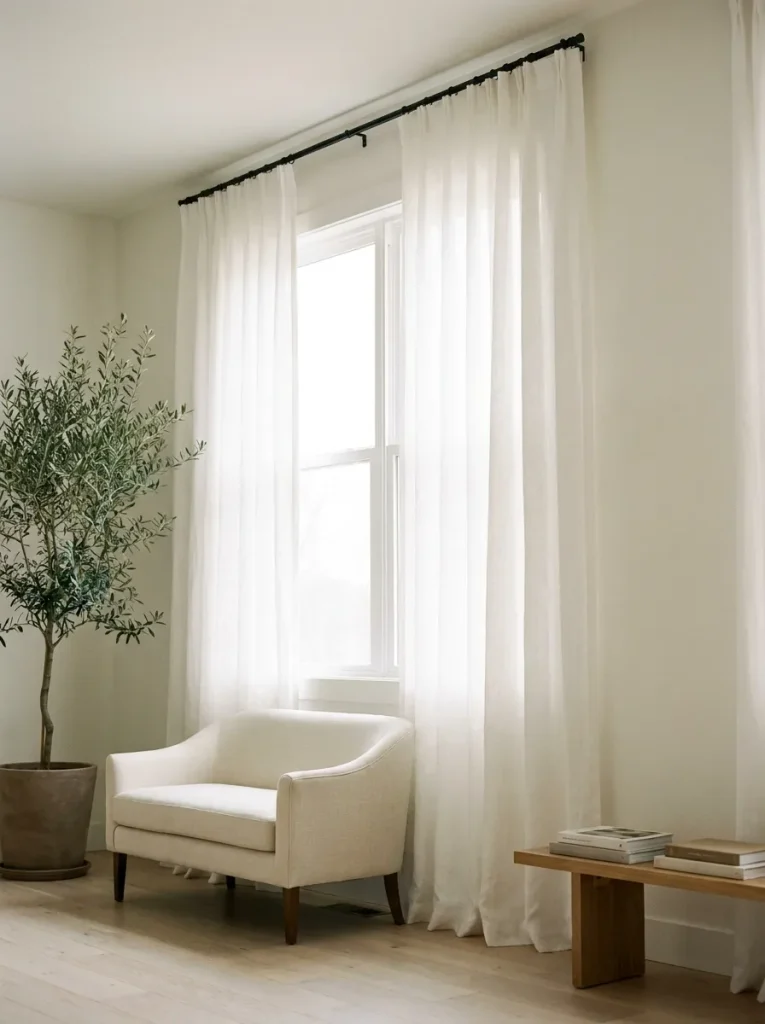 White linen curtains in living room