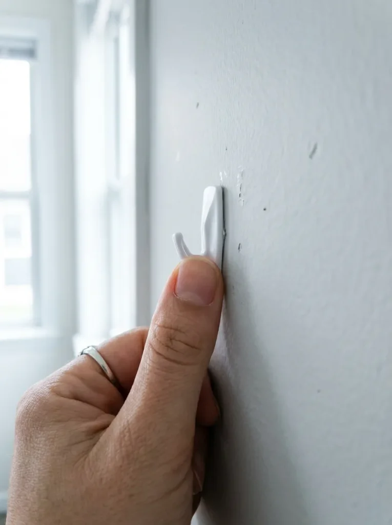 Woman applying adhesive hook wall