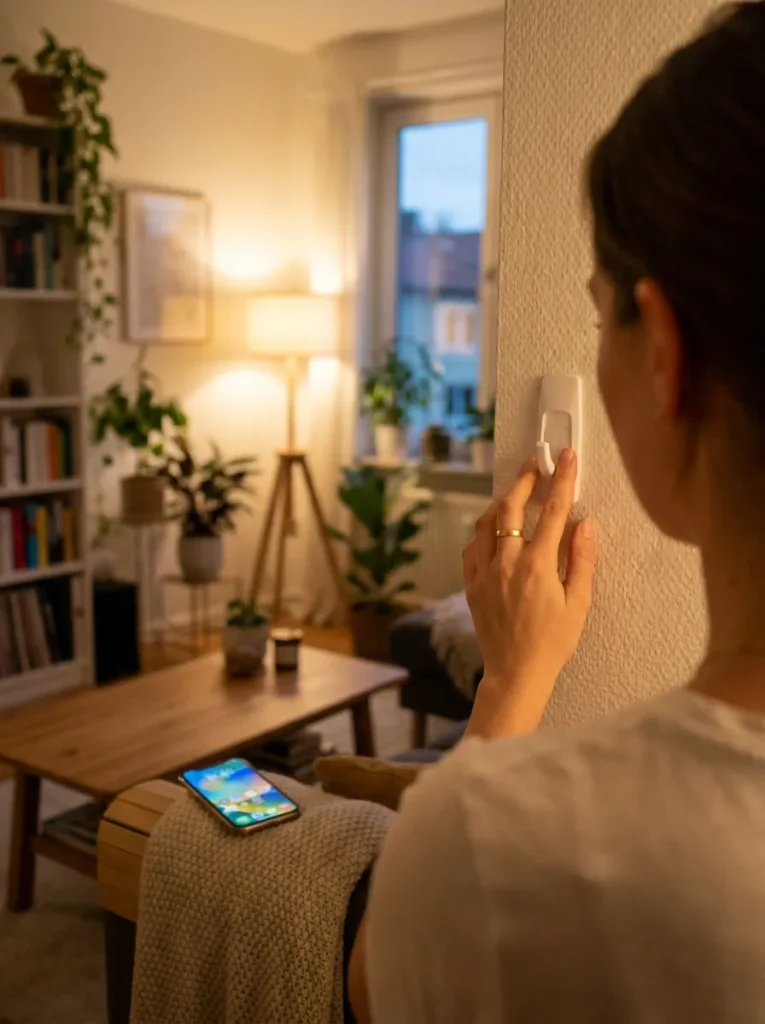 Woman applying adhesive hook wall