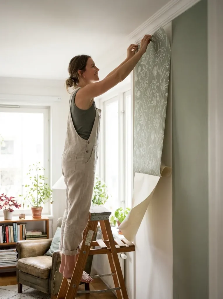 Woman applying wallpaper panel