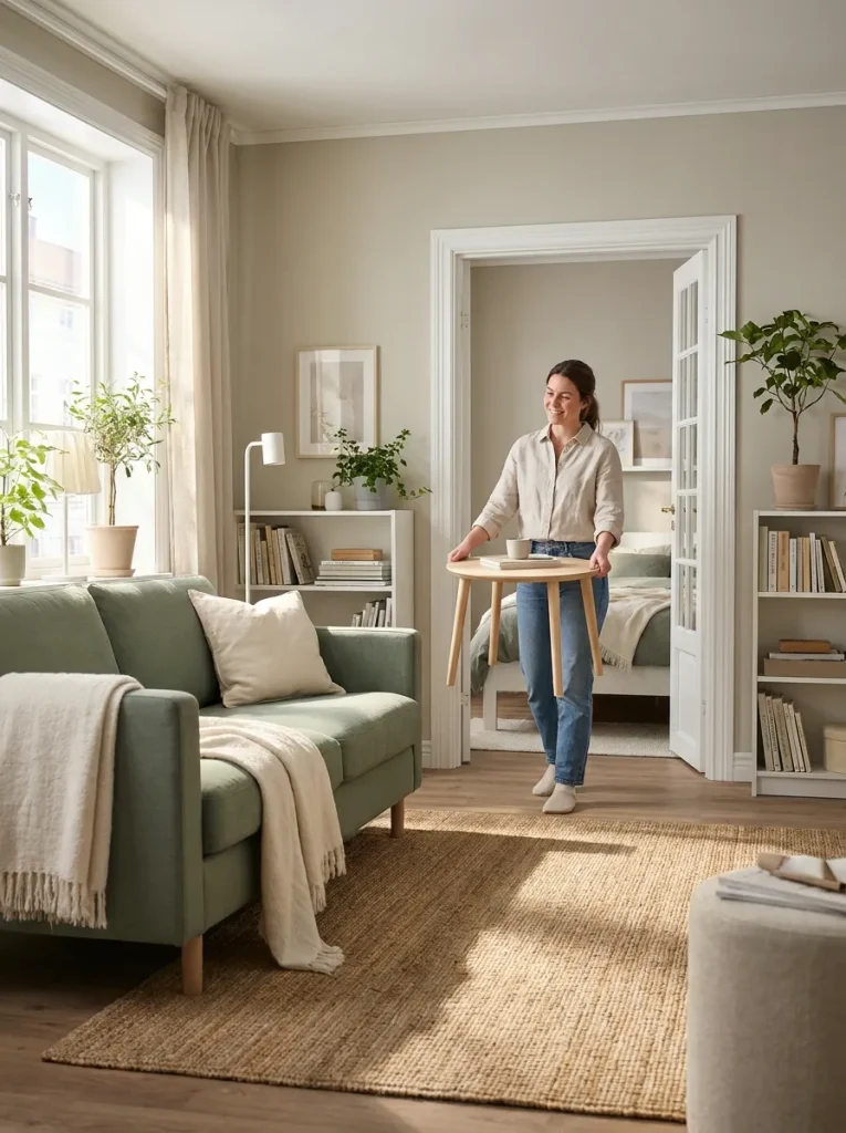 Woman carrying coffee table