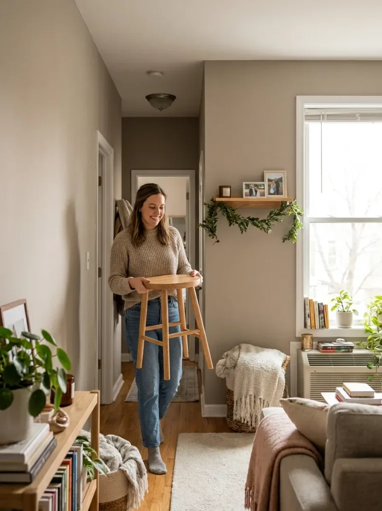 Woman carrying wooden vanity stool