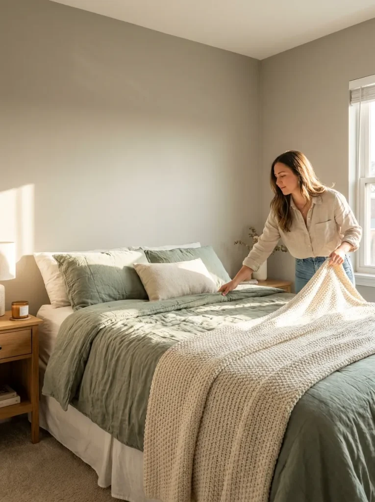 Woman draping blanket on bed