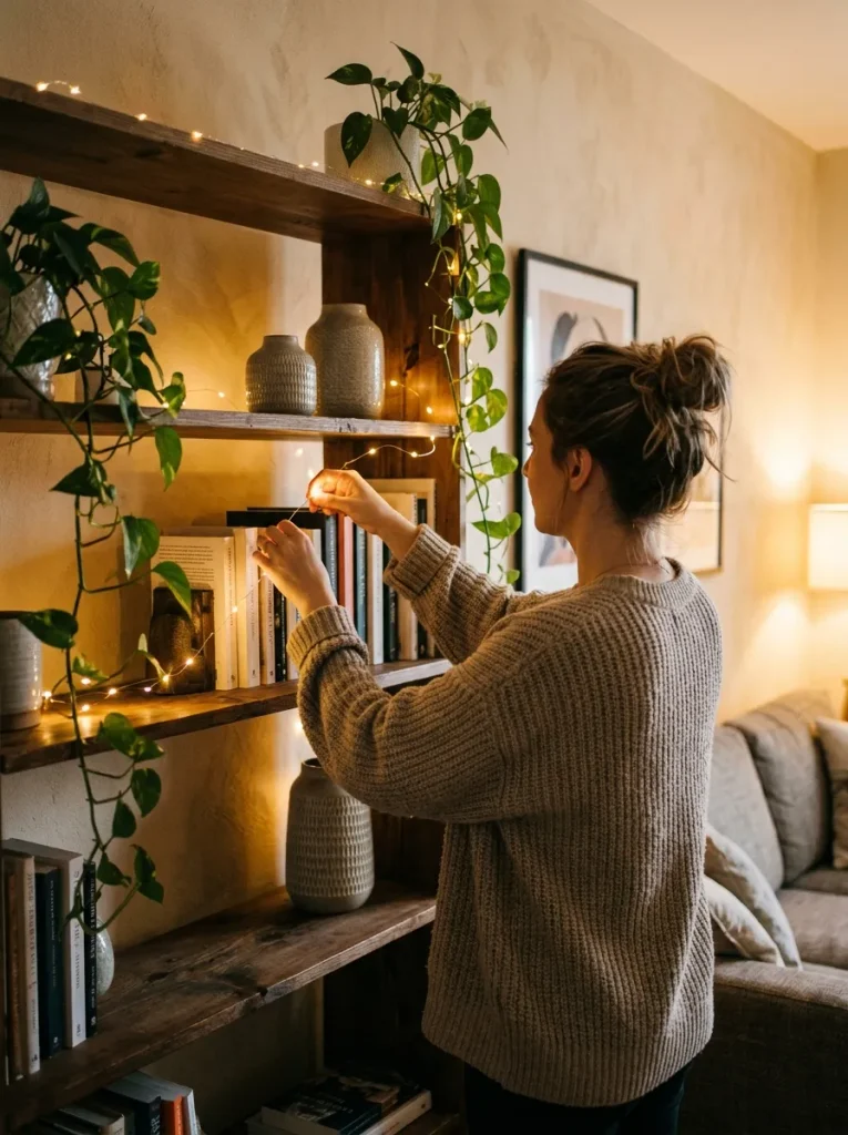 Woman hanging fairy lights