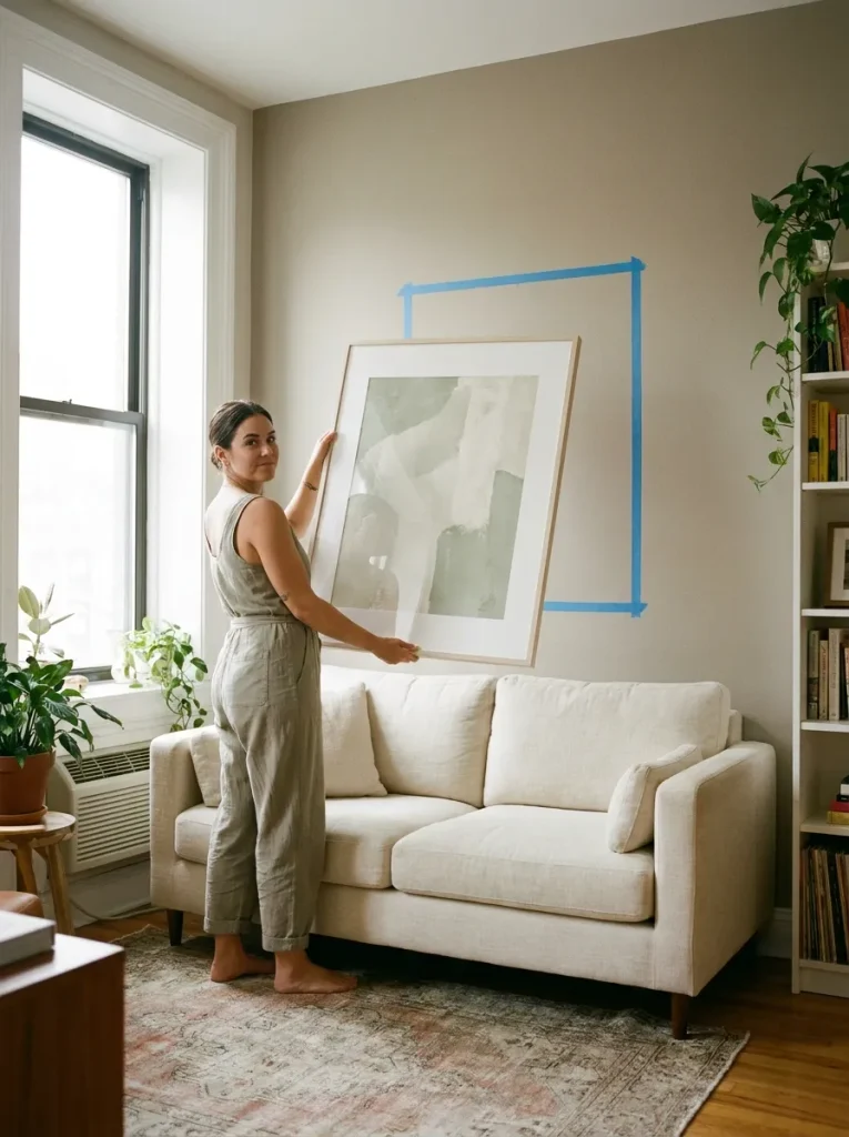 Woman hanging framed abstract print