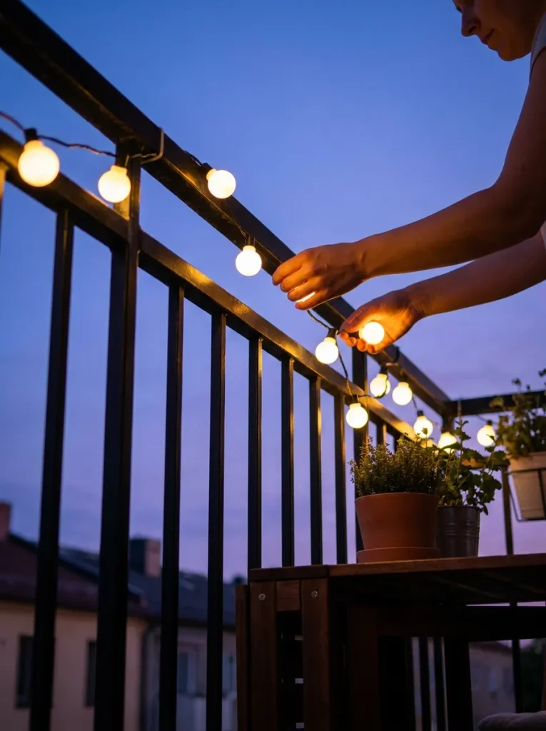 Woman hanging string lights