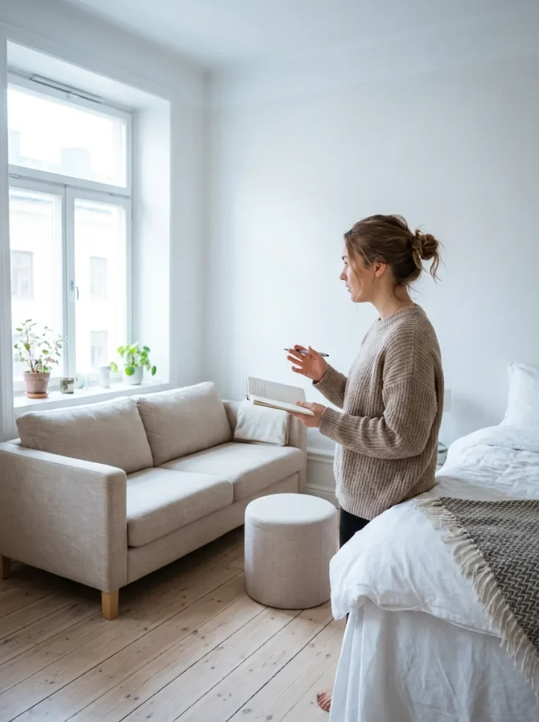 Woman holding notepad in apartment