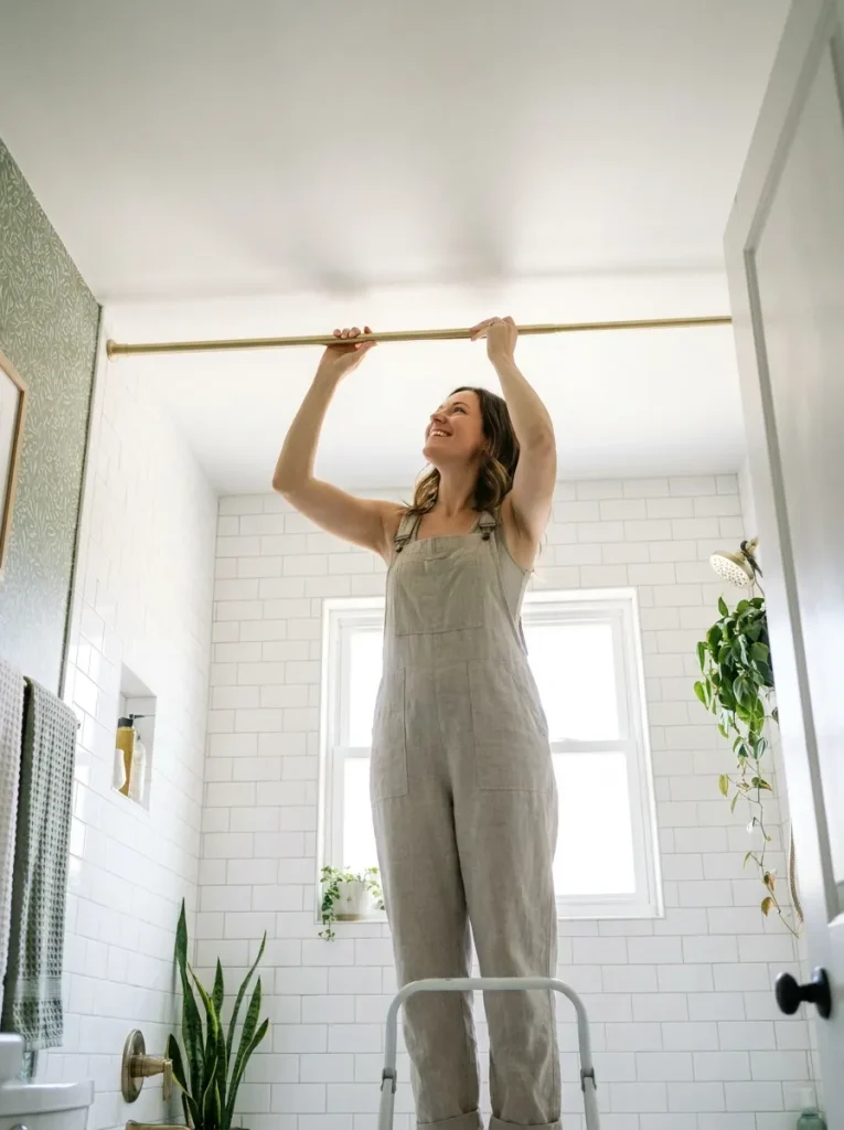 Woman installing brass tension rod