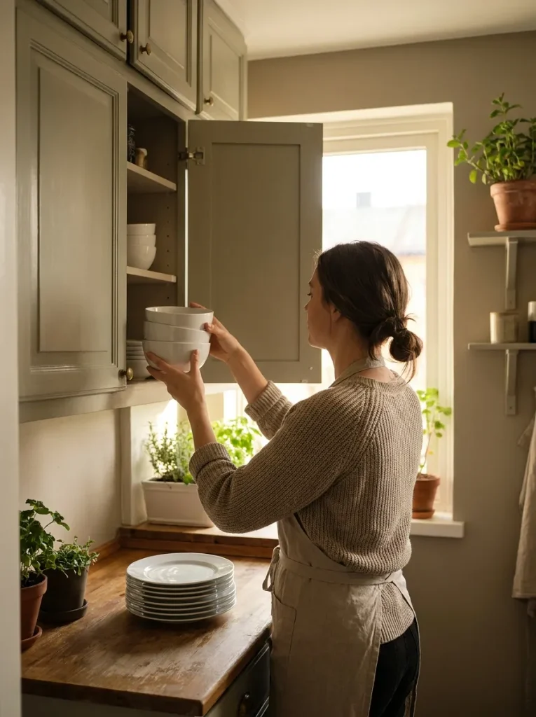 Woman lifting bowls from cabinet