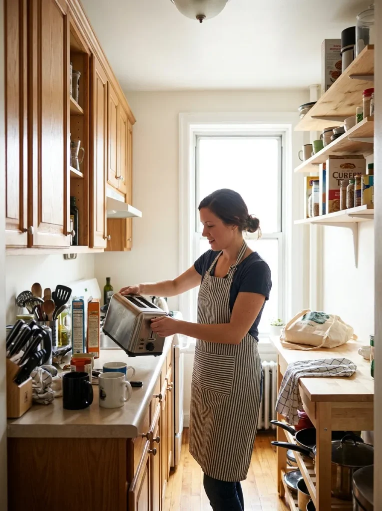 Woman lifting toaster from counter