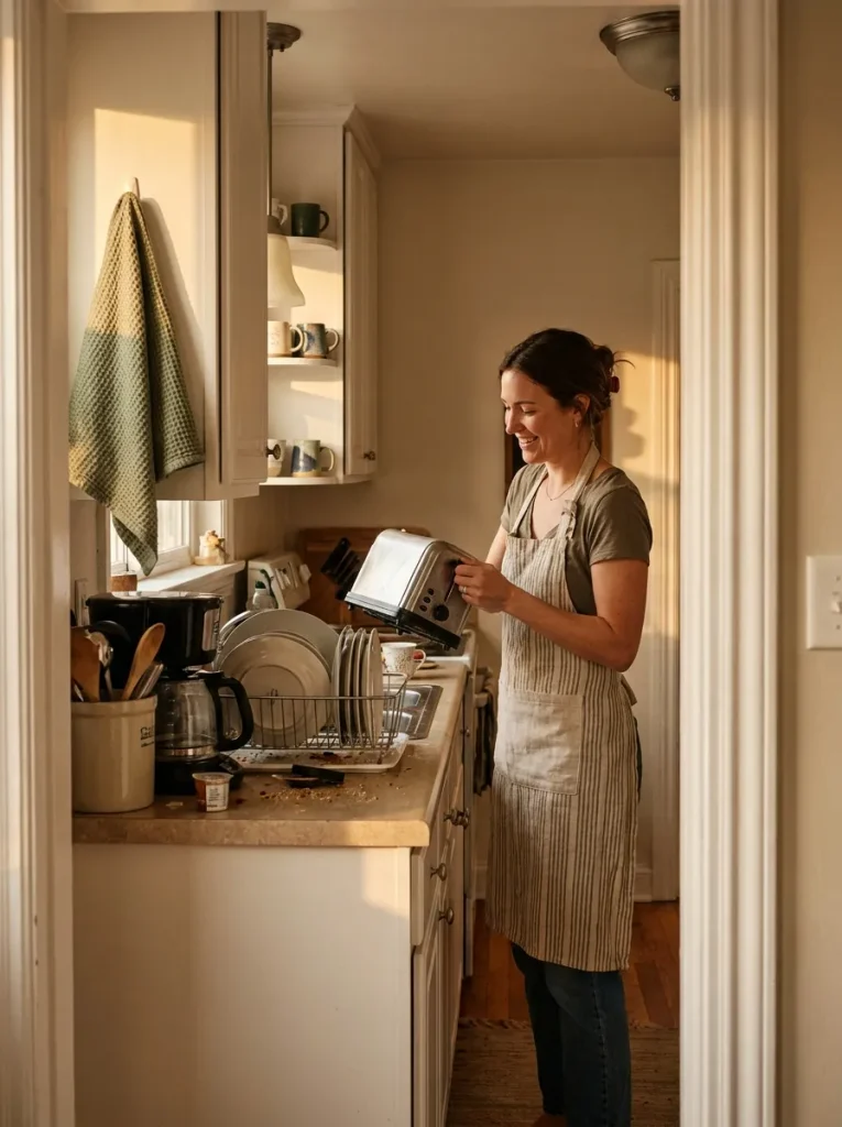 Woman lifting toaster in kitchen