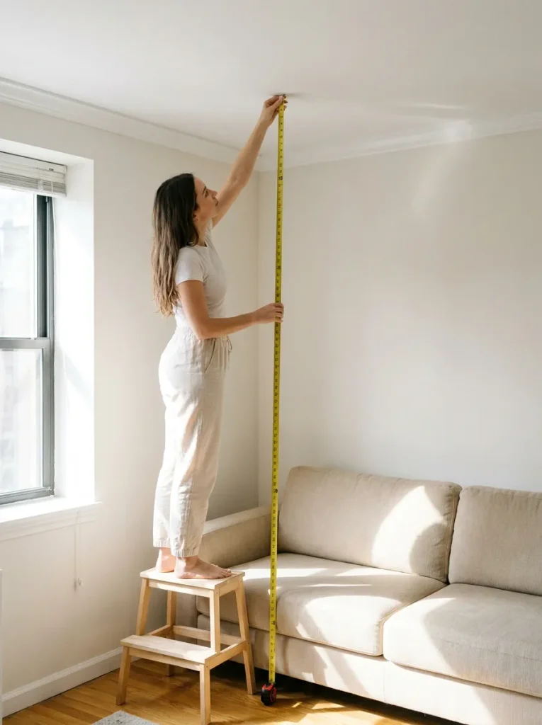 Woman measuring living room ceiling