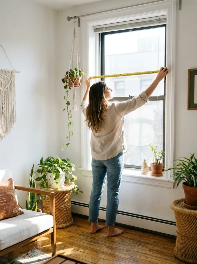 Woman measuring window frame
