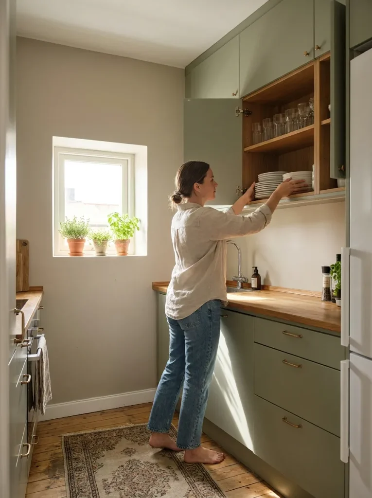 Woman organizing plates in cabinet