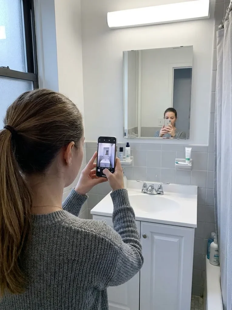 Woman photographing bathroom vanity