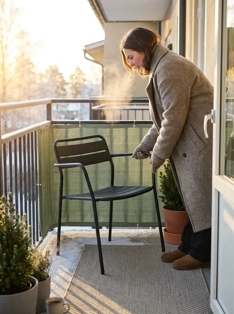 Woman placing armchair on balcony