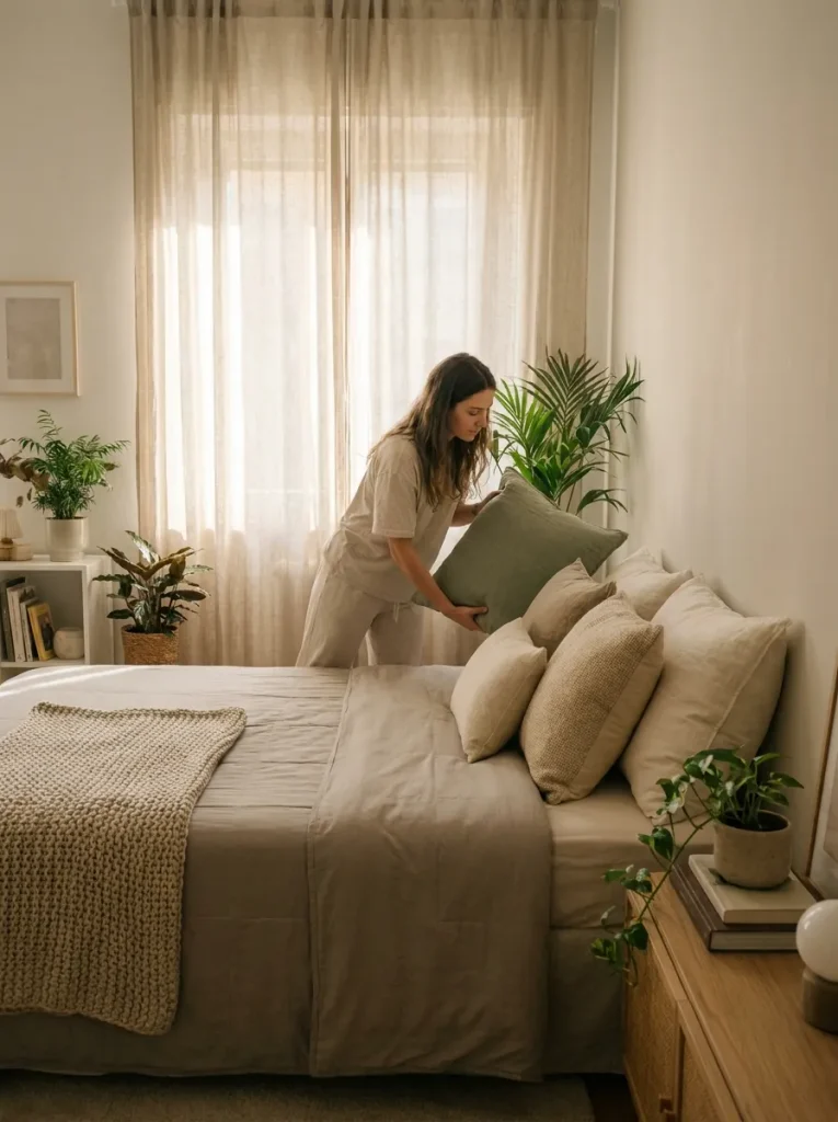 Woman placing pillow on bed
