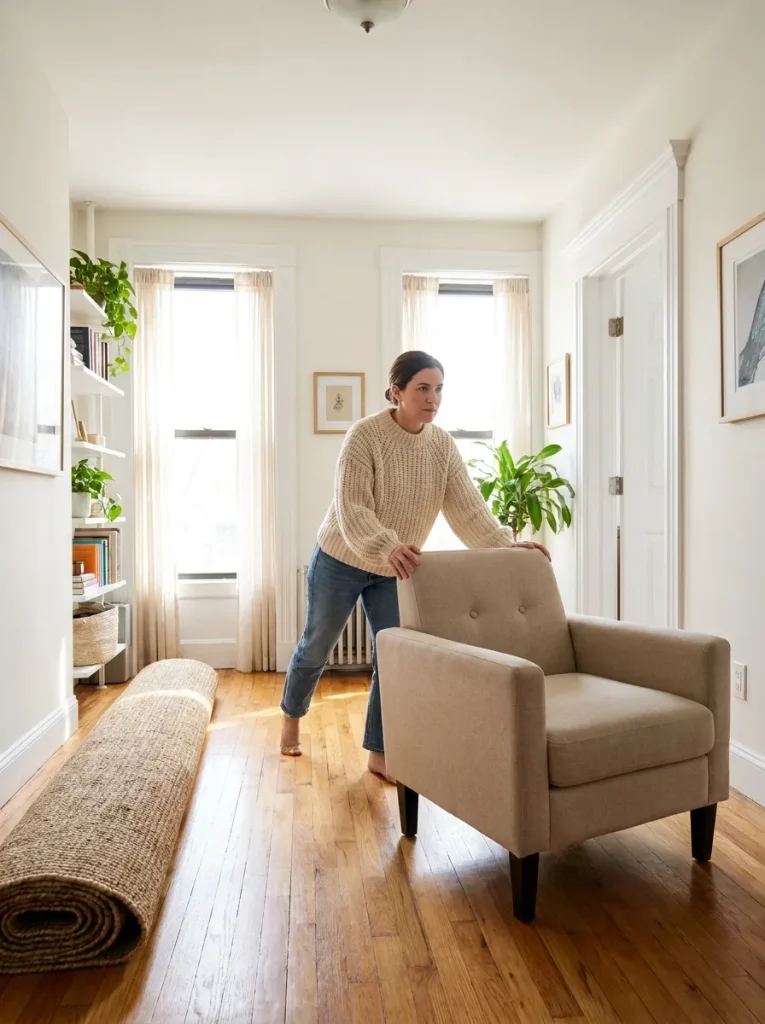 Woman pushing armchair across floor