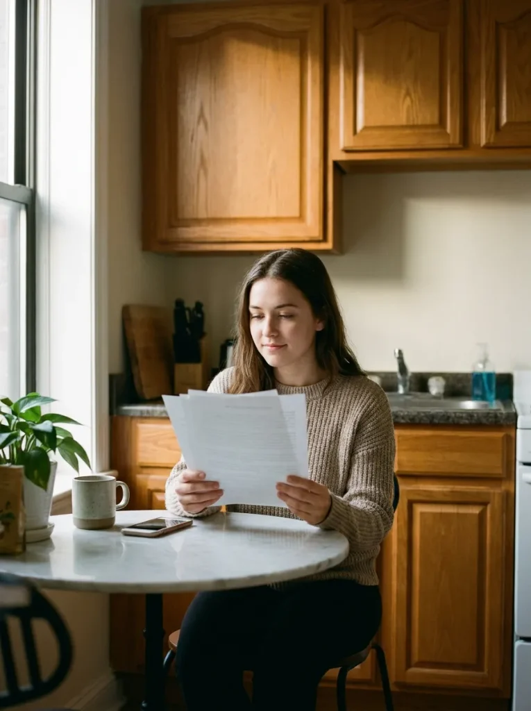 Woman reading lease at table