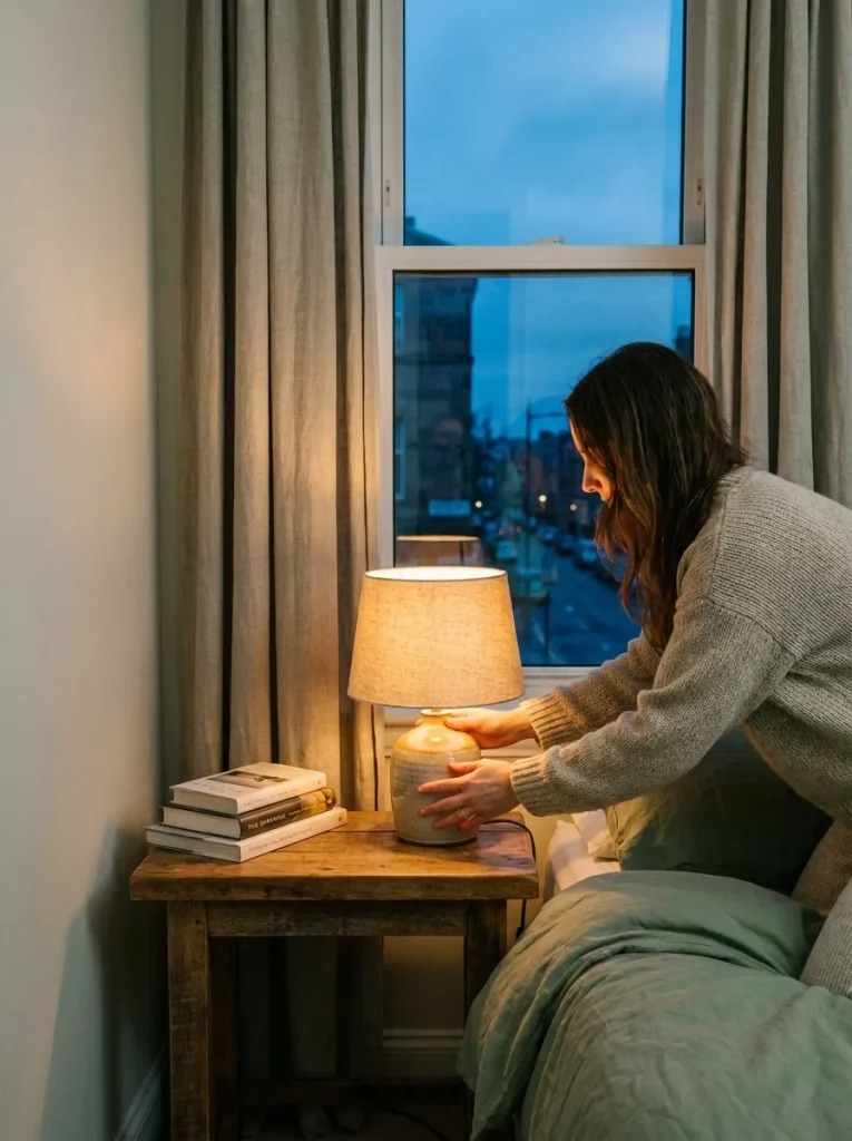 Woman setting lamp on nightstand
