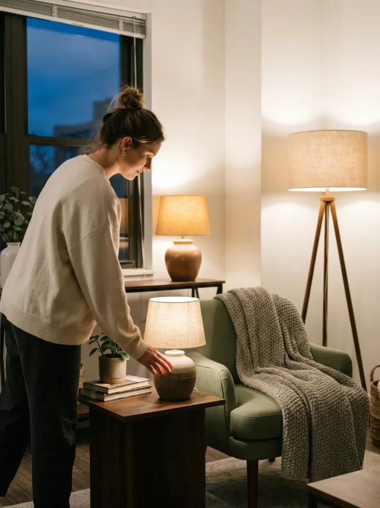 Woman setting lamp on table