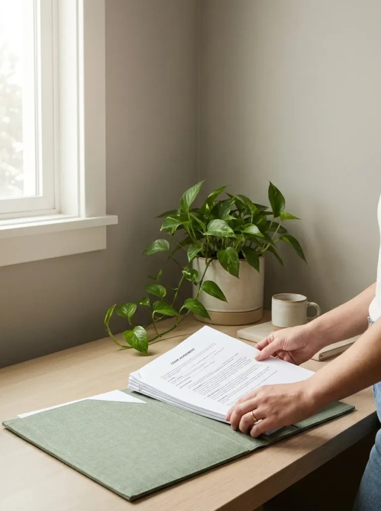 Woman sliding lease from folder