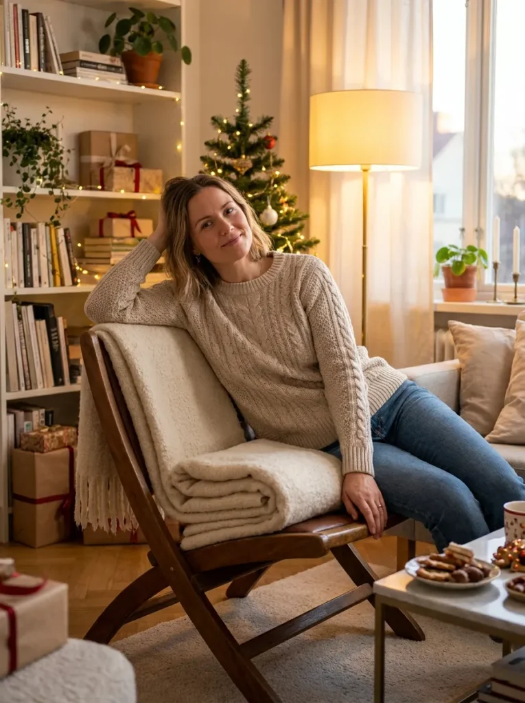 Woman testing folding chair comfort