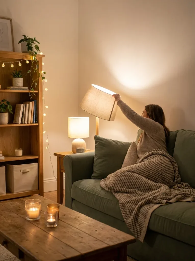 Woman tilting lampshade on table