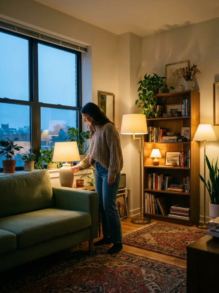 Woman turning on a table lamp