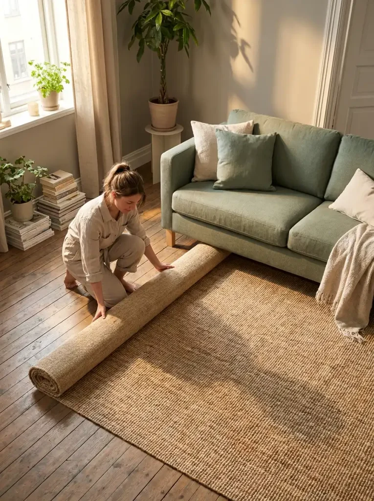 Woman unrolling jute rug