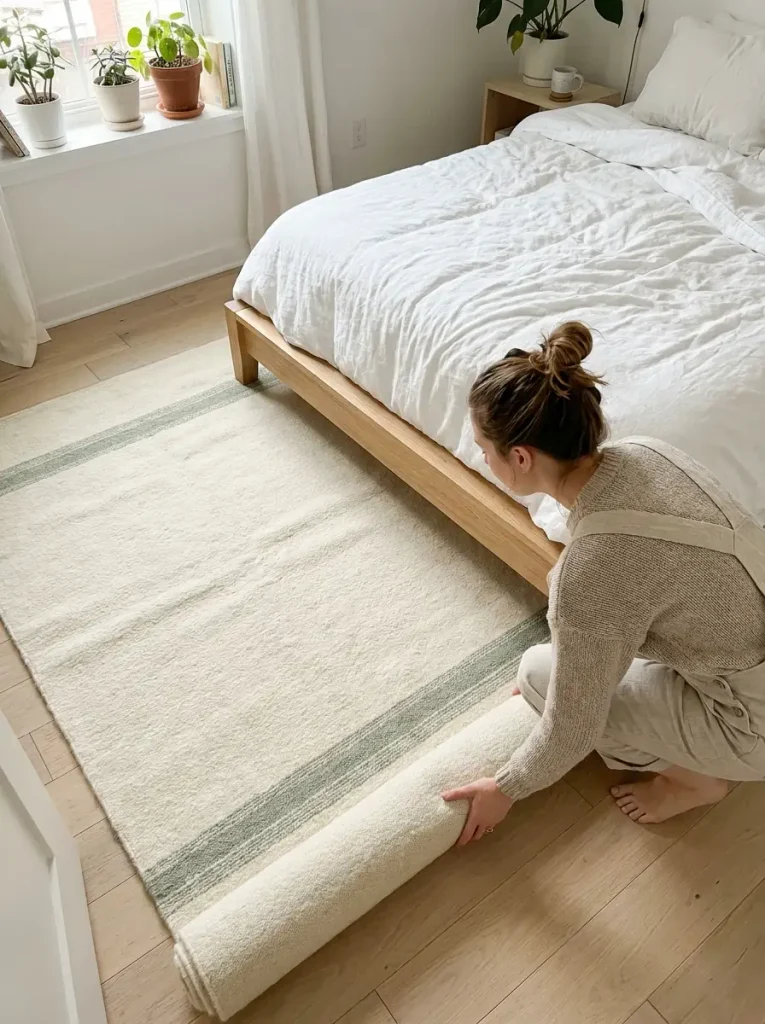 Woman unrolling rug in bedroom