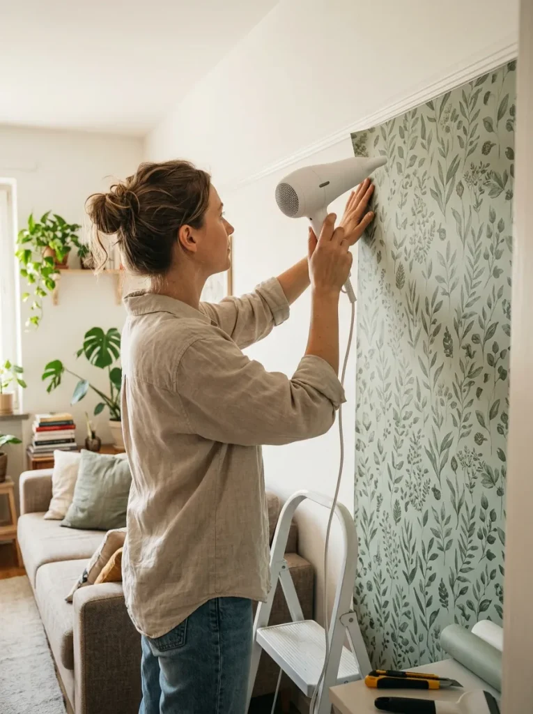 Woman using hair dryer wallpaper