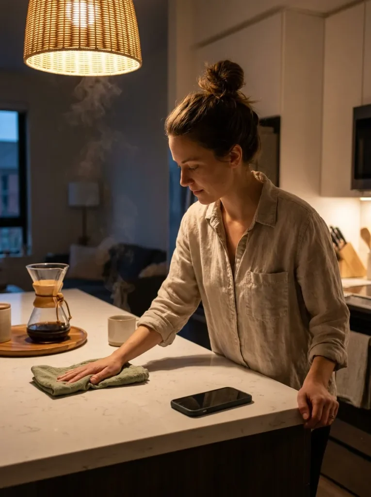 Woman wiping kitchen countertop