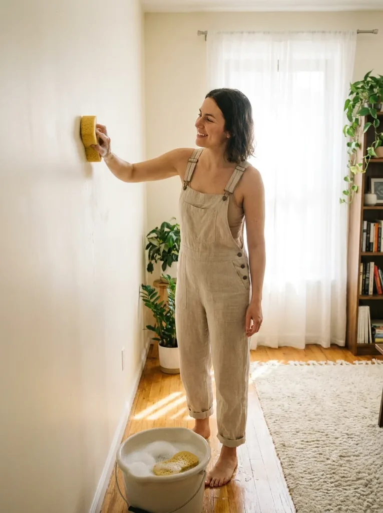 Woman wiping wall with sponge