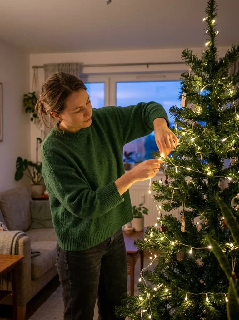 Woman wrapping fairy lights