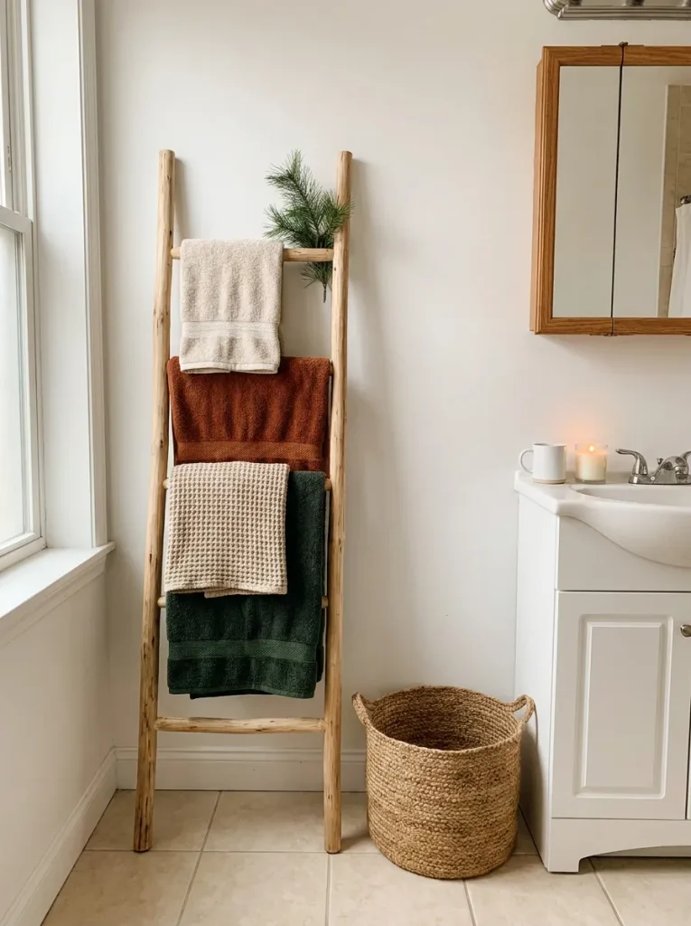 Wood blanket ladder in bathroom