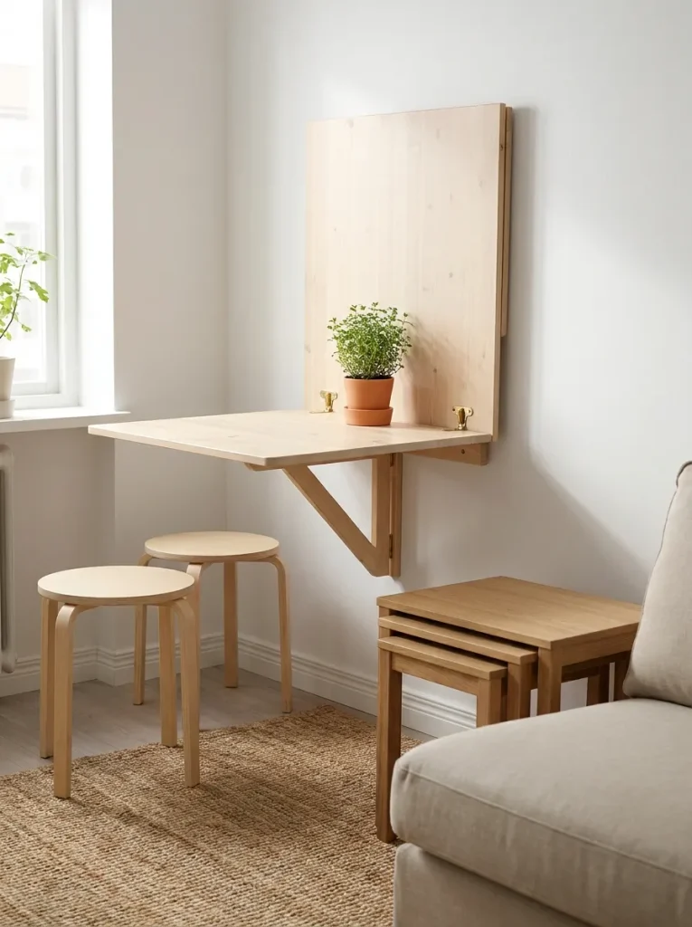 Wood drop-leaf table in studio