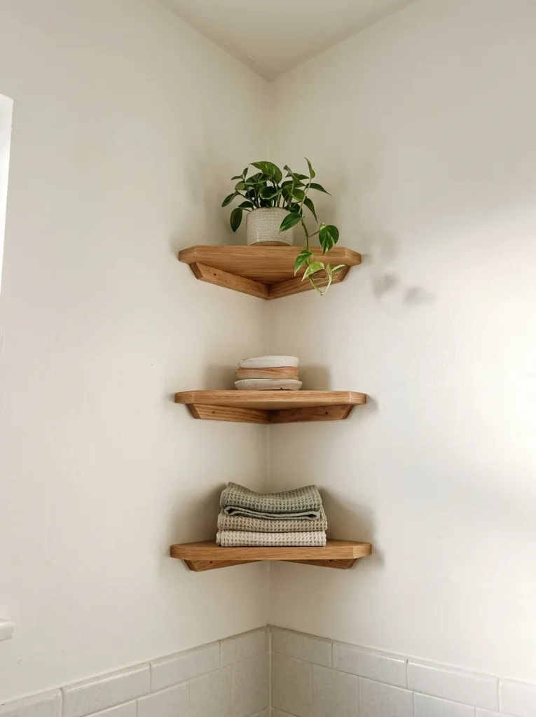 Wooden corner shelves holding items